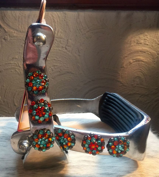 Showman ® Light weight Polished Aluminum Stirrups with Turquoise & Orange Swarovski Crystal Conchos