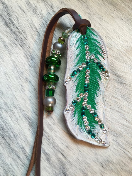 Green Tooled Feather Saddle Charm w/Beadstring