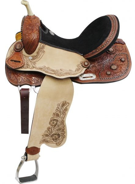 Barrel Saddle w/Tooled Leather & Copper Conchos