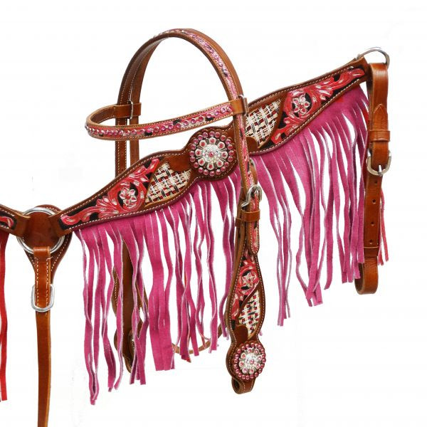 Pink fringe headstall and breast collar set 4018