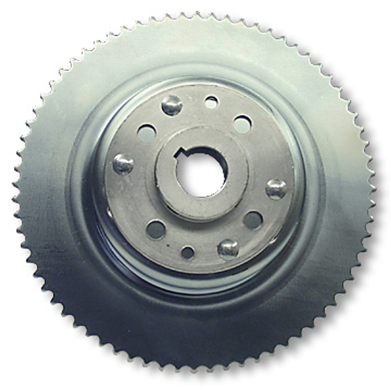72 Tooth Sprocket For #35 Chain & 4-1/2" Brake Drum, Machined OD (One Piece) Riveted To Mini-Hub, 1" Bore