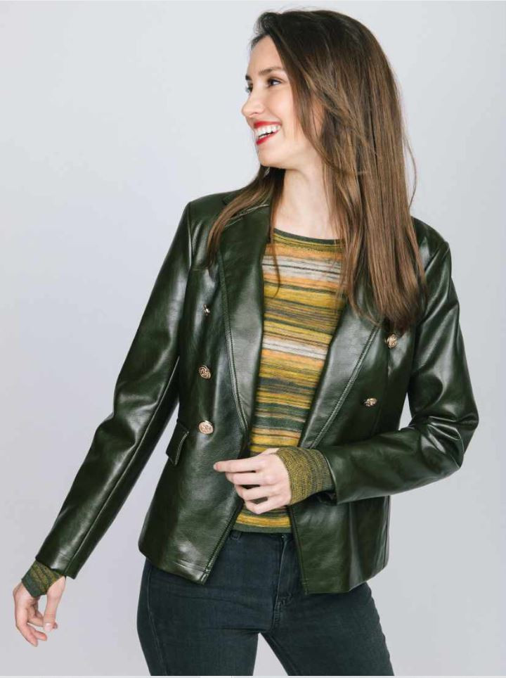Vegan Leather Blazer With Gold Buttons 