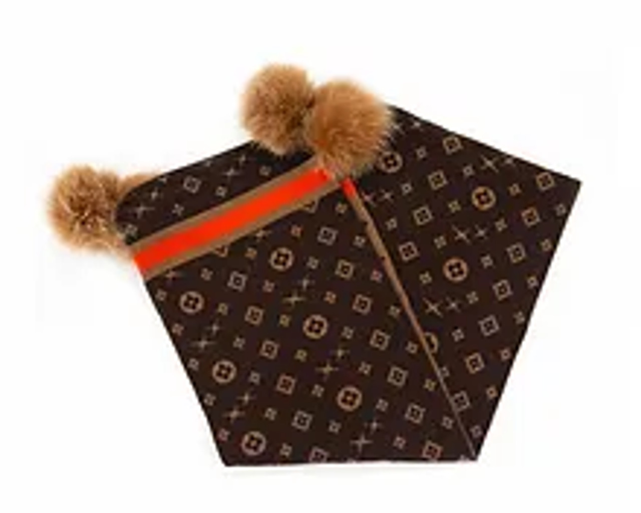Assorted Wool Louis Vuitton-Inspired Scarf with Fox Pom-Pom