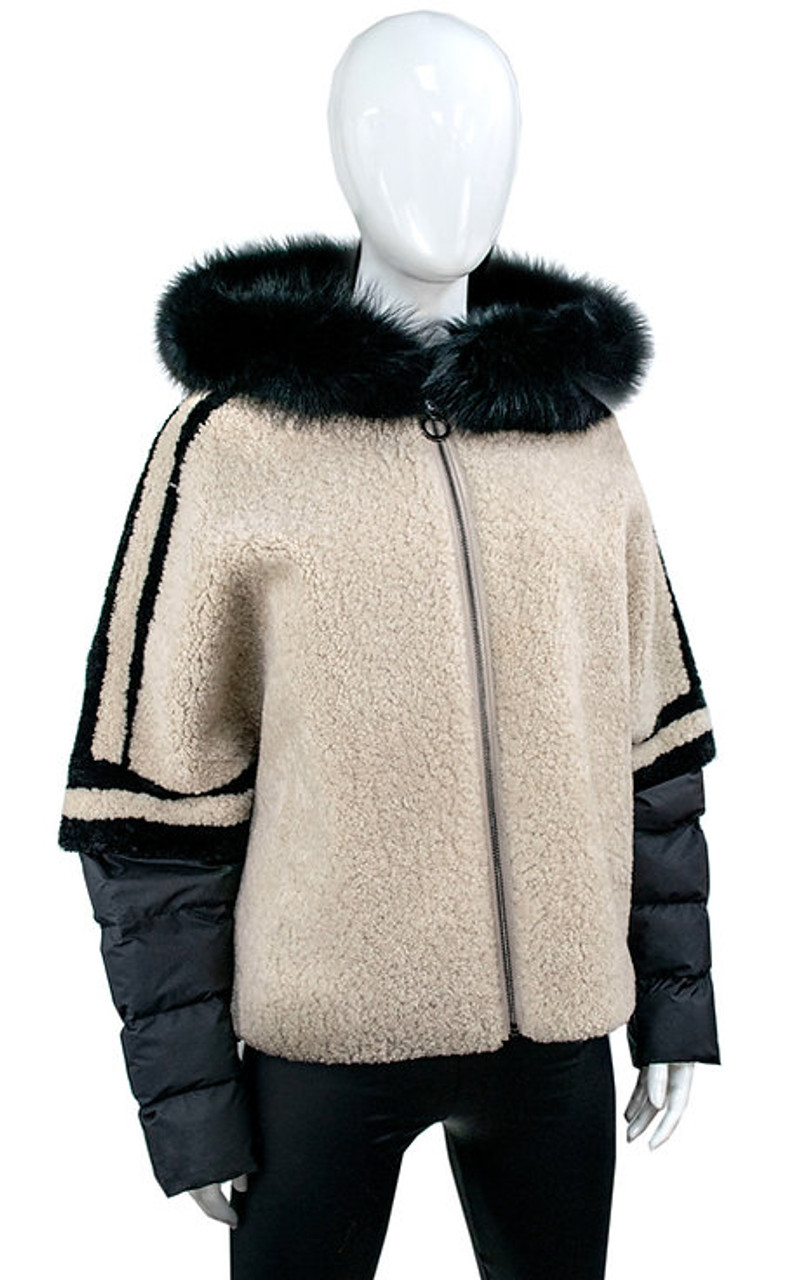 Cream & Black Lamb Jacket with Fox Fur Trim - Lueur