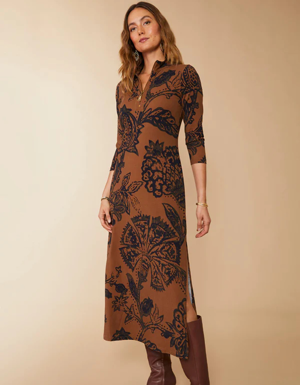 Nora Half-Zip Midi Dress Botanic Garden Brown