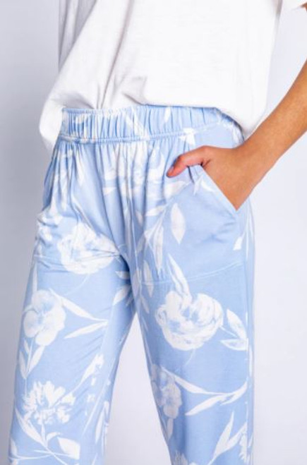 PJ Salvage Luxe Floral Banded Pant- Ice Blue