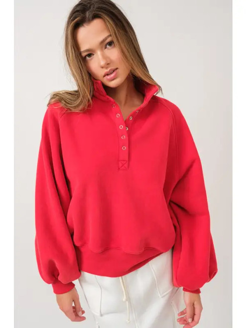 Jackie 1/4 Button Up Sweatshirt - Red