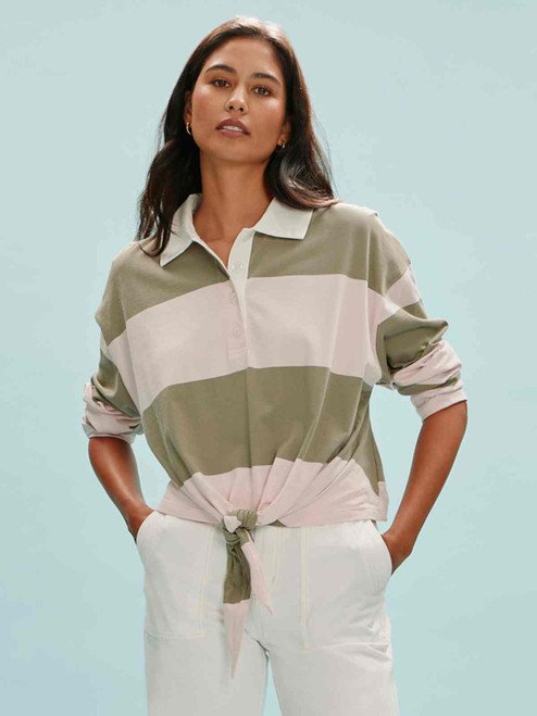 Rugby Tie Front Tee-Oxygen Pink/Olive Tree Stripe