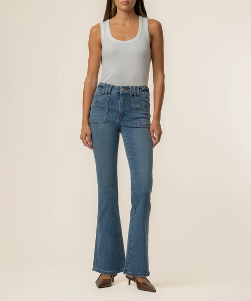 High-Rise Flare Leg Jeans | Medium Wash Stretch Denim