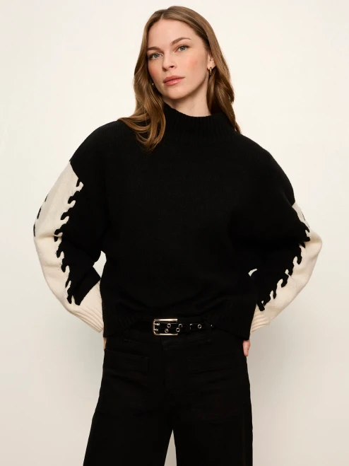 Color Block Mock Neck Pullover – Black & Bone