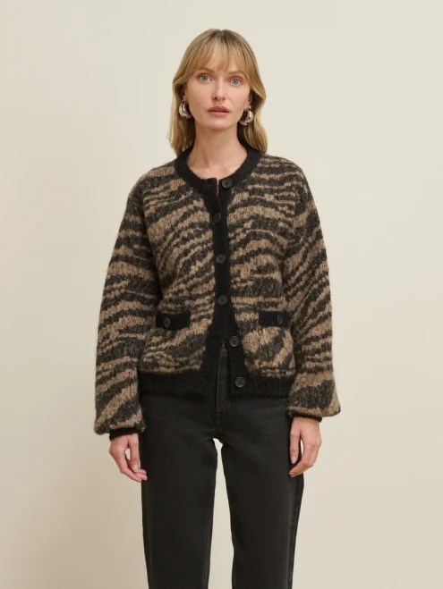Abstract Zebra Alpaca Cardigan – Women's Balloon Sleeve Sweater