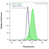 Flow Cytometry, Extracellular: HEK-293F cells transiently transfected with human VEGFA were stained with VEGFA Monoclonal Antibody (CSB0018) (green) or isotype control antibody (gray), followed by AlexaFluor 647- conjugated anti-Mouse IgG secondary antibody. HEK-293F cells transiently transfected with an empty control vector were also stained with VEGFA Monoclonal Antibody (CSB0018) (blue).