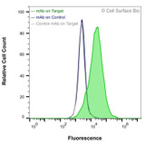 Flow Cytometry, Extracellular: HEK-293F cells transiently transfected with human VEGFA were stained with VEGFA Monoclonal Antibody (CSB0018) (green) or isotype control antibody (gray), followed by AlexaFluor 647- conjugated anti-Mouse IgG secondary antibody. HEK-293F cells transiently transfected with an empty control vector were also stained with VEGFA Monoclonal Antibody (CSB0018) (blue).
