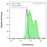 Flow Cytometry, Extracellular: HEK-293F cells transiently transfected with human HER3 were stained with HER3 Monoclonal Antibody (CSB0082) (green) or isotype control antibody (gray), followed by AlexaFluor 647- conjugated anti-Mouse IgG secondary antibody. HEK-293F cells transiently transfected with an empty control vector were also stained with HER3 Monoclonal Antibody (CSB0082) (blue).