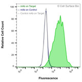 Flow Cytometry, Extracellular: HEK-293F cells transiently transfected with IL3RA were stained with IL3RA Monoclonal Antibody (CSB0115) (green) or isotype control antibody (gray), followed by AlexaFluor 647- conjugated anti- IgG secondary antibody. HEK-293F cells transiently transfected with an empty control vector were also stained with IL3RA Monoclonal Antibody (CSB0115) (blue).