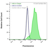 Flow Cytometry, Extracellular: HEK-293F cells transiently transfected with human DLL4 were stained with DLL4 Monoclonal Antibody (CSB0005) (green) or isotype control antibody (gray), followed by AlexaFluor 647- conjugated anti-Mouse IgG secondary antibody. HEK-293F cells transiently transfected with an empty control vector were also stained with DLL4 Monoclonal Antibody (CSB0005) (blue).