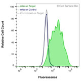 Flow Cytometry, Extracellular: HEK-293F cells transiently transfected with PDCD1LG2 were stained with PDCD1LG2 Monoclonal Antibody (CSB0090) (green) or isotype control antibody (gray), followed by AlexaFluor 647- conjugated anti- IgG secondary antibody. HEK-293F cells transiently transfected with an empty control vector were also stained with PDCD1LG2 Monoclonal Antibody (CSB0090) (blue).