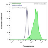 Flow Cytometry, Extracellular: JS-1 cells transiently transfected with human TSPAN33 were stained with TSPAN33 Monoclonal Antibody (CSB0265) (green) or isotype control antibody (gray), followed by AlexaFluor 647- conjugated anti- IgG secondary antibody. JS-1 cells transiently transfected with an empty control vector were also stained with TSPAN33 Monoclonal Antibody (CSB0265) (blue).