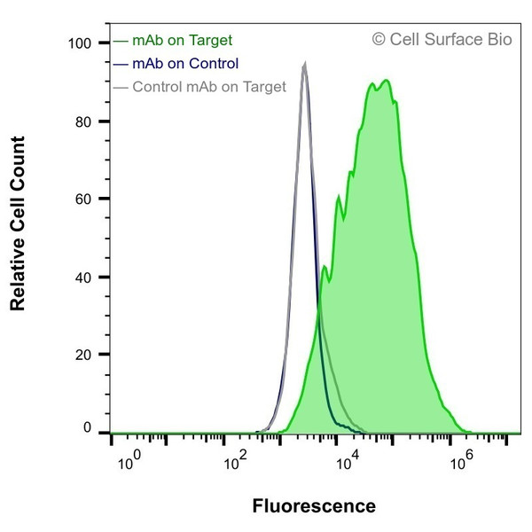 Flow Cytometry (Extracellular): HEK-293F cells transiently transfected with human TNFSF4 were stained with TNFSF4 Monoclonal Antibody (CSB0091) (green) or isotype control antibody (gray), followed by AlexaFluor 647-conjugated anti-Mouse IgG secondary antibody. HEK-293F cells transiently transfected with an empty control vector were also stained with TNFSF4 Monoclonal Antibody (CSB0091) (blue).