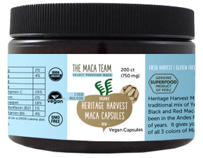 Organic Raw Sundried 3 Color Maca Capsules  - Vegan, 750mg, 200 ct.