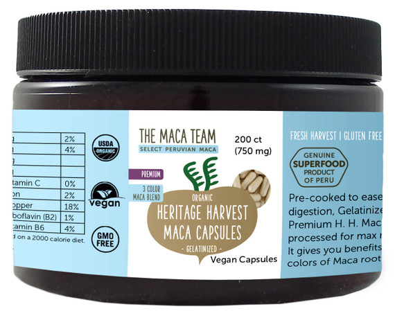 Organic Gelatinized Premium  3 Color Maca Capsules - Vegan - 750 mg - 200 ct