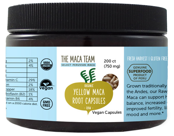 Organic Raw Sundried Yellow Maca Capsules  - Vegan, 750mg, 200 ct.