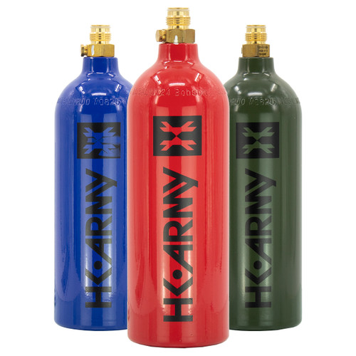 HK Army 20oz paintball co2 tanks in red, blue and green