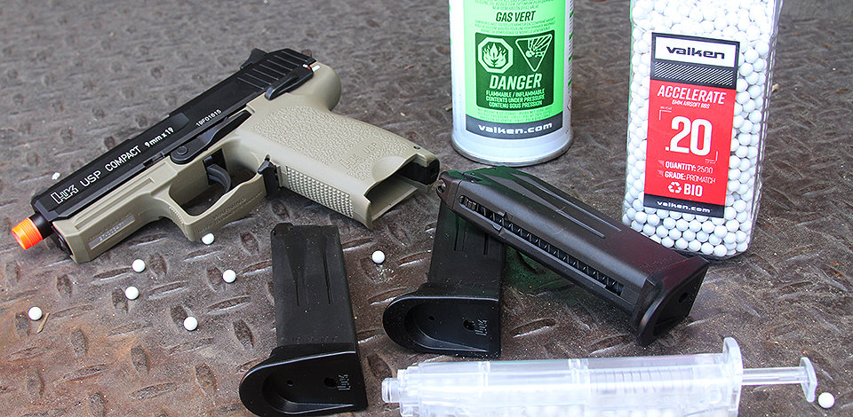 hk usp airsoft pistol with Valken airsoft bbs valken green gas and valken speed loader