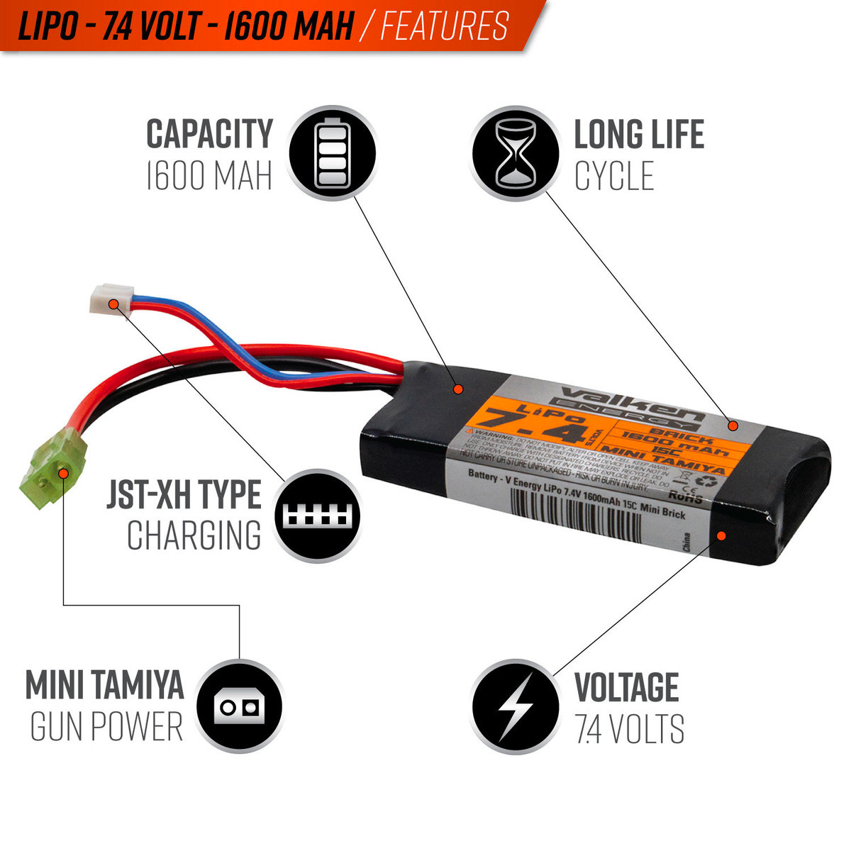 Valken Li-Ion 7.4V 3000mAh Split Airsoft Battery (Small Tamiya