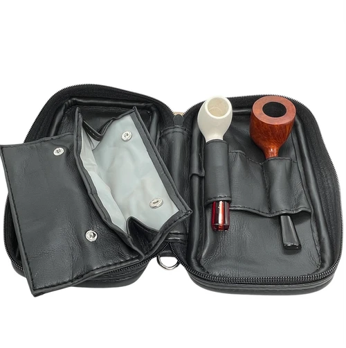 pipe tobacco travel case 3-Pipe Leatherette Bag with Tobacco Pouch - Black