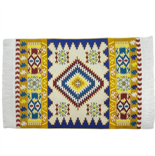 Miniature Turkish Woven Pipe Carpet - Blue Ivory Yellow Red Miniature Turkish Woven Pipe Carpet - Blue Ivory Yellow Red