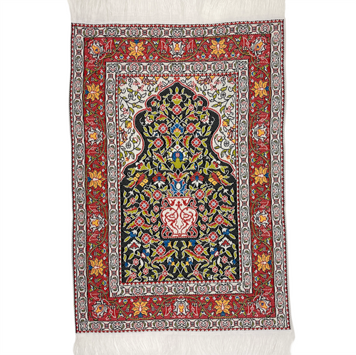 Miniature Turkish Woven Pipe Carpet - Black Green Ivory Orange Red Miniature Turkish Woven Pipe Carpet - Black Green Ivory Orange Red