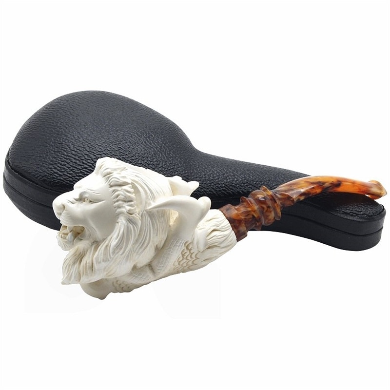 Deluxe Hand Carved Lion Head in Claw 100% Solid Block Meerschaum