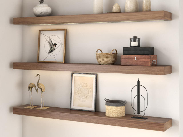 J Thomas Home Walnut 3" Thick Lighted Floating Shelves 