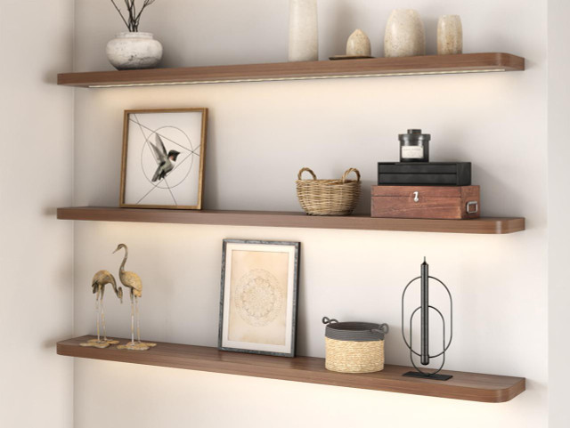 J Thomas Home Walnut Radius Corners Lighted Floating Shelves 