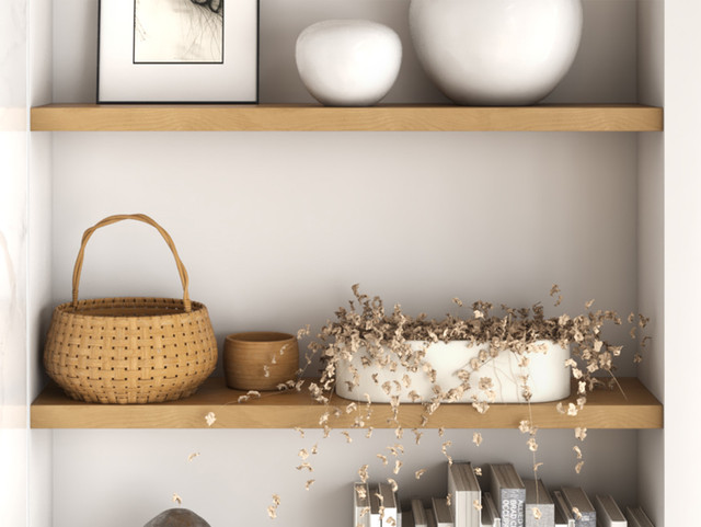 closeup room scene with superior alder 1 5/8" floating shelves used in an alcove