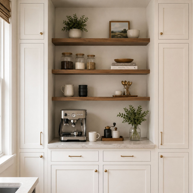 Walnut alcove floating shelves with rich natural wood grain installed between white cabinetry above a coffee bar.