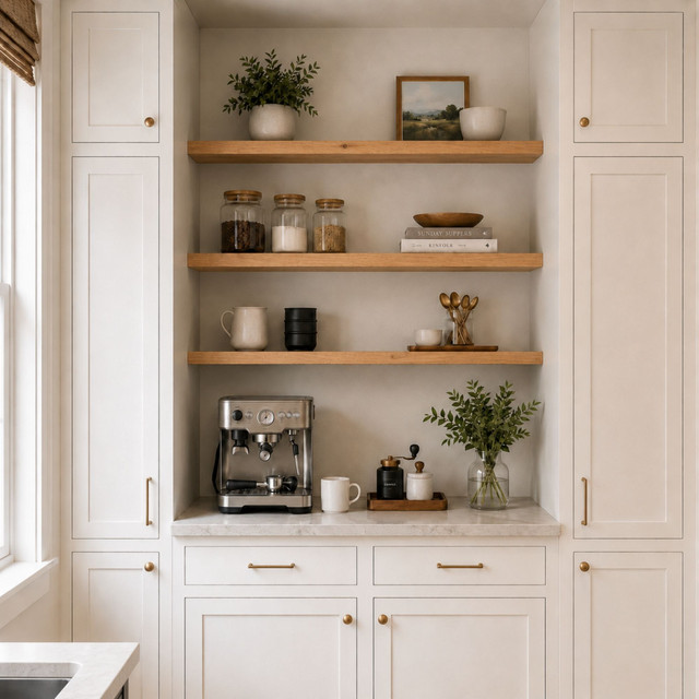 Rustic alder alcove floating shelves featuring natural grain and knots installed above a built-in kitchen coffee bar.