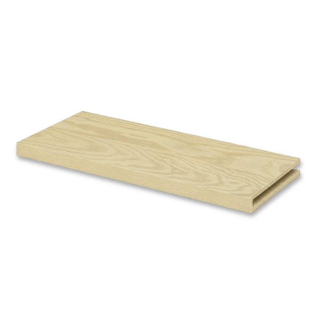 Pine 1.625-inch solid wood alcove floating shelf with natural wood grain and an open end designed for custom fitting.