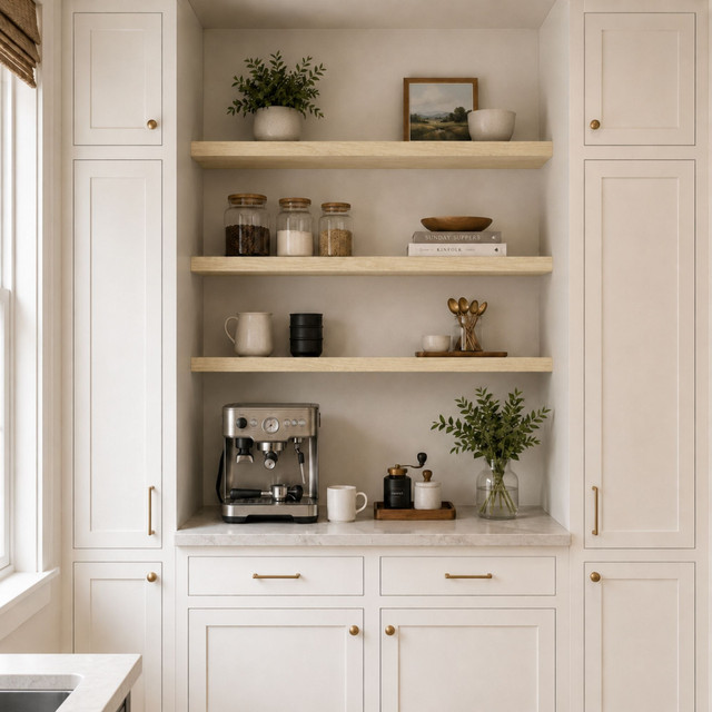 Pine alcove floating shelves with natural wood grain installed between white cabinetry above a kitchen coffee bar.