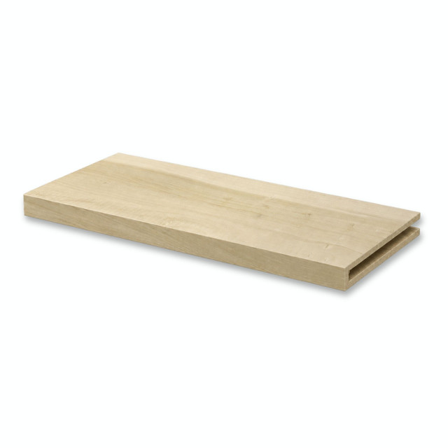 Poplar 1.625-inch solid wood alcove floating shelf with light natural grain and an open end for trimming during installation.