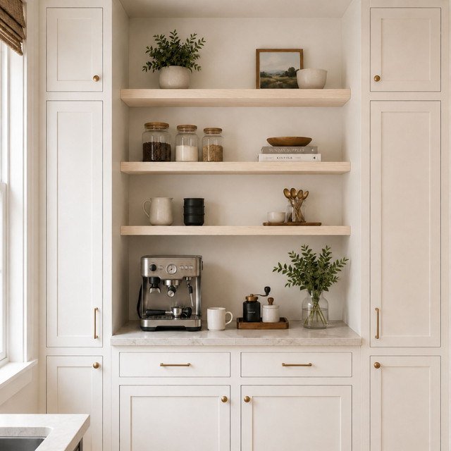 2-inch Maple alcove floating shelves in Clear Coat installed above a built-in kitchen coffee bar with white cabinetry.