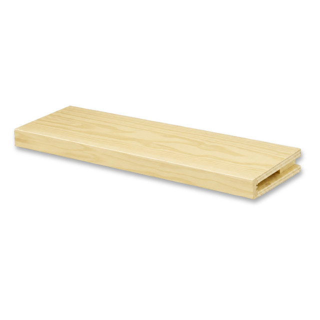 Pine 2-inch box construction alcove floating shelf featuring natural oak grain and an open end for a custom-fit installation.