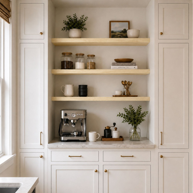 2 inch Thick Pine alcove floating shelves with natural wood grain installed between white cabinetry above a kitchen coffee bar.