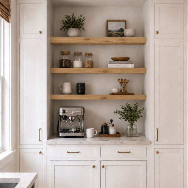 3-inch Rustic Alder alcove floating shelves installed in a built-in kitchen coffee bar with white cabinetry.