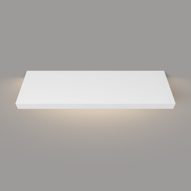 Top-down view of white painted floating shelf with hardwired LED lighting – 1.625 inch thick solid alder wood with smooth surface and clean lines. Top-down view of white painted floating shelf with hardwired LED lighting – 1.625 inch thick solid alder wood with smooth surface and clean lines.