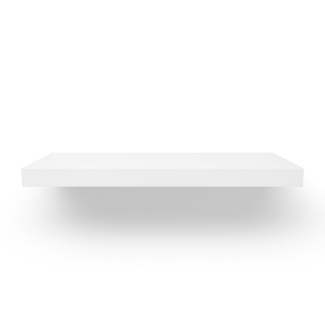 Top-down view of painted white floating shelf – 2 inch thick maple with smooth finish and seamless mitered corners.