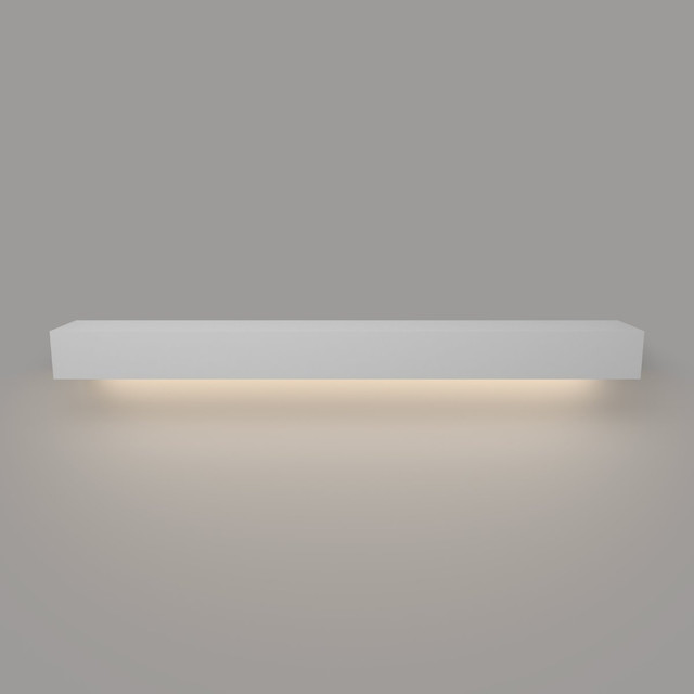 Front view of a white floating mantel shelf with integrated LED lights, highlighting its clean lines and soft glow under the shelf.