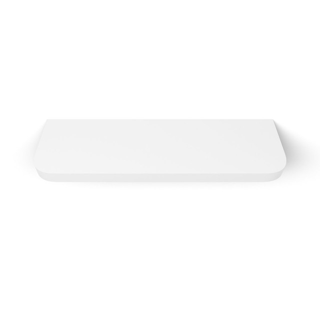 Front view of a white floating shelf with soft radius corners, highlighting the clean lines and elegant painted surface. Front view of a white floating shelf with soft radius corners, highlighting the clean lines and elegant painted surface.