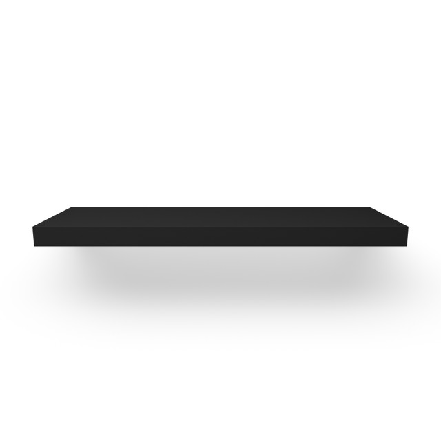 Front-facing painted black floating shelf, 1.625 inch thick – durable wall-mounted design